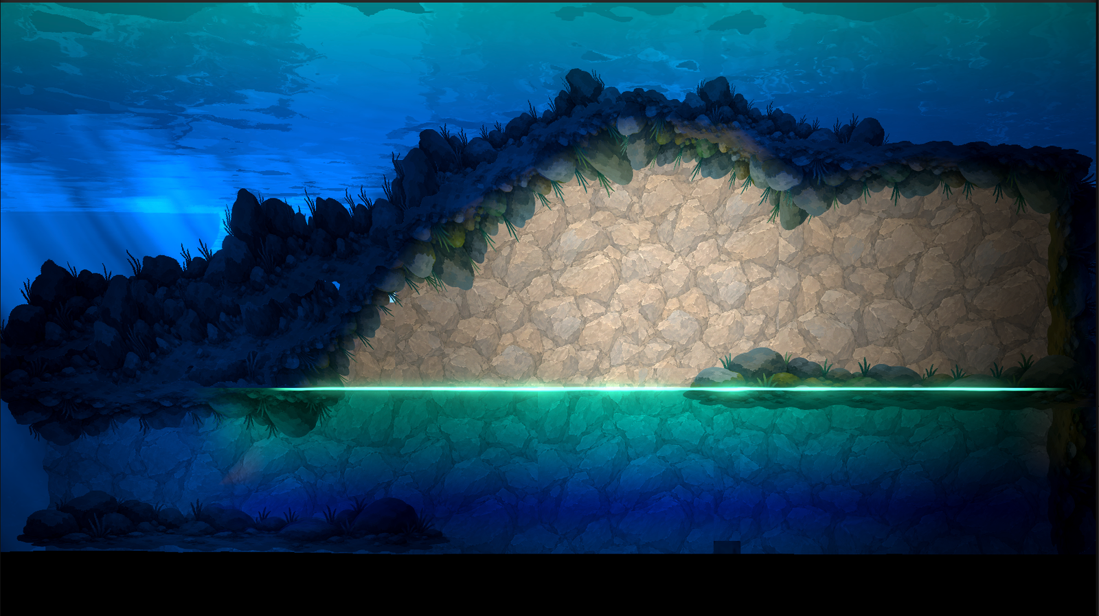 An underwater cave kept dry with a shaped water exclusion zone.