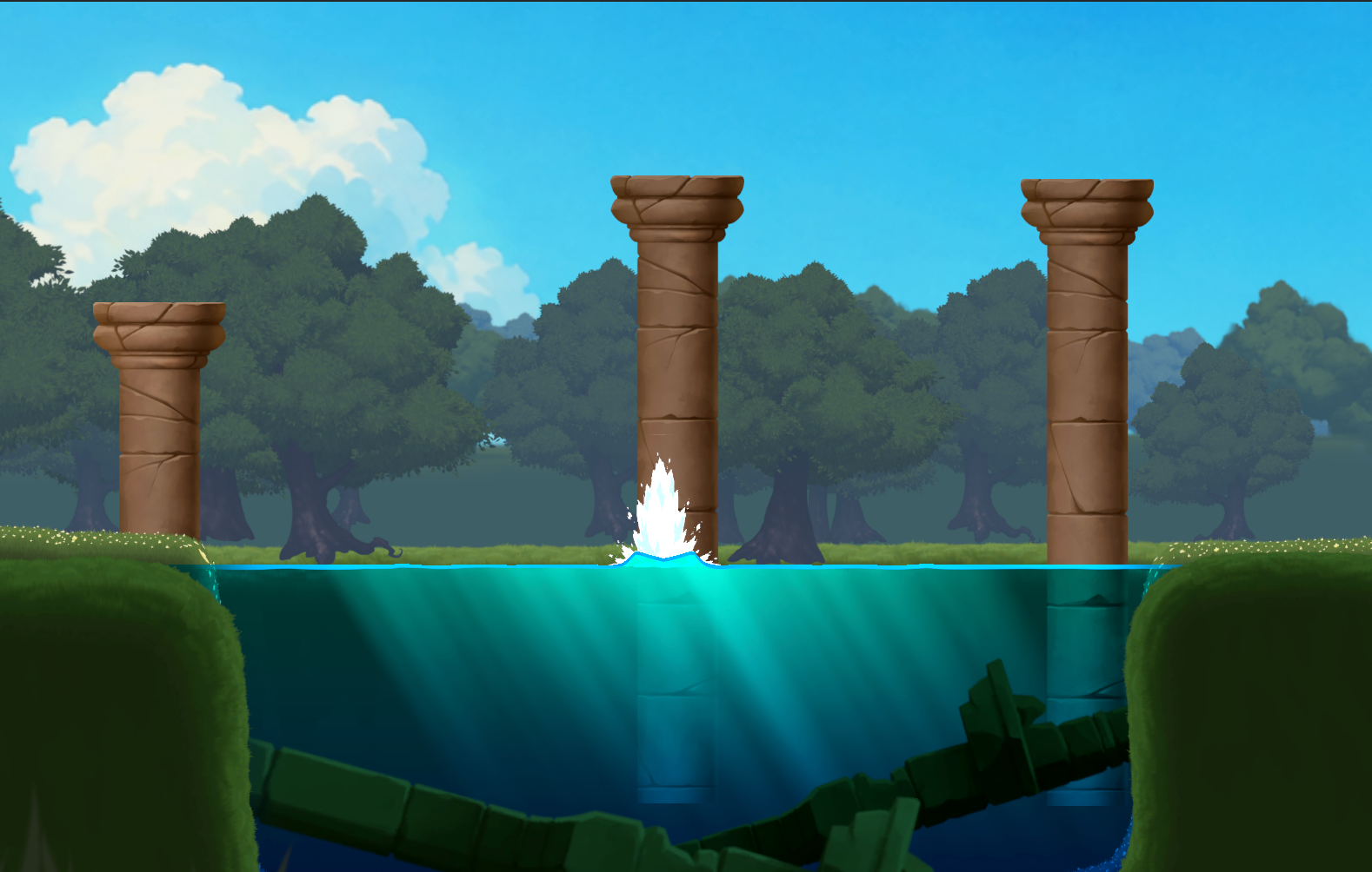 Side-view 2D water with an impact splash and underwater lighting.