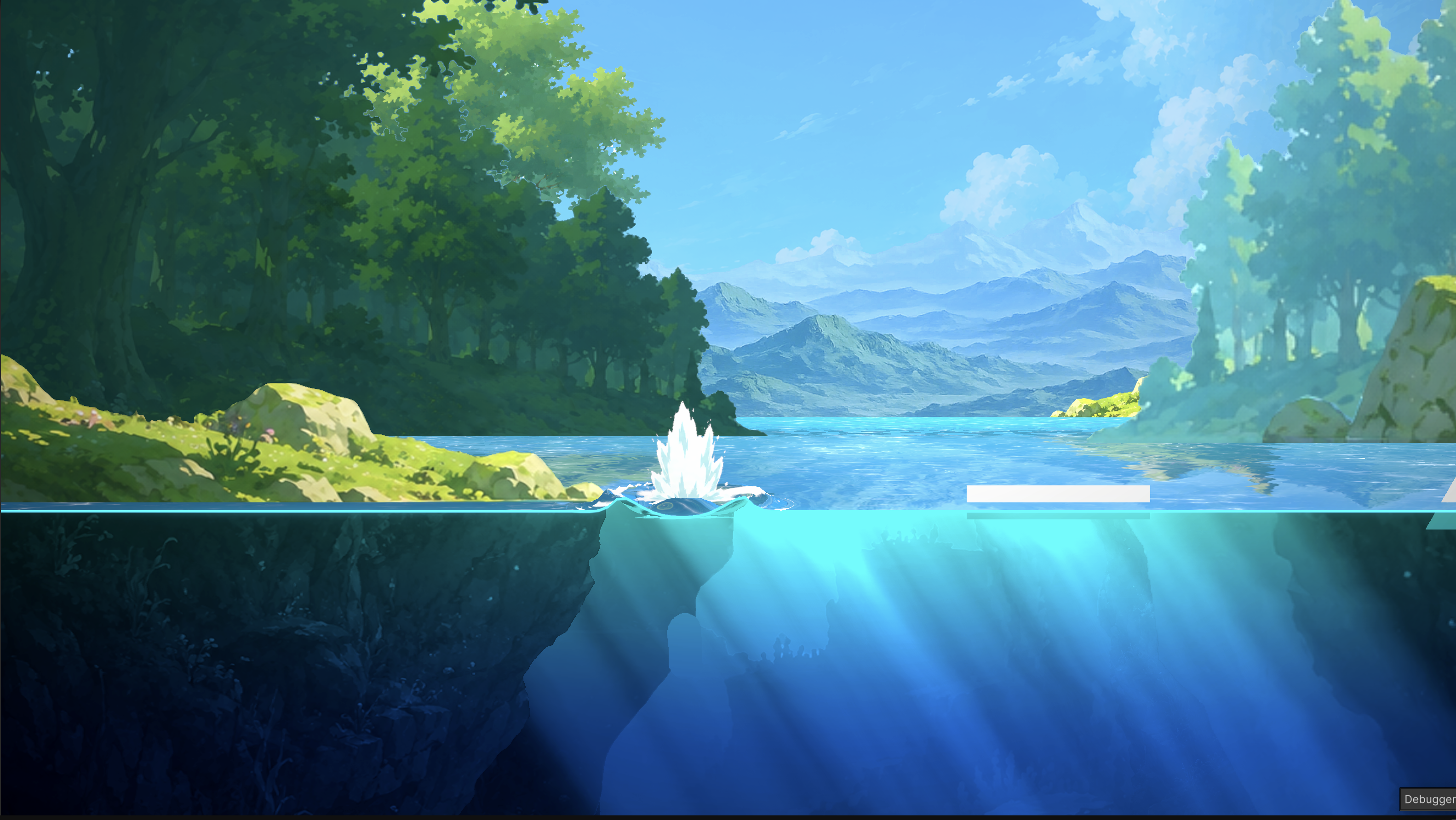 A splash on a turquoise lake surrounded by forest and mountains, with sunlight streaming into the deep blue water below.